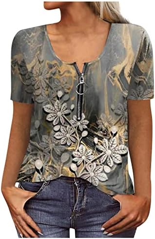 Női Plusz Méretű Zip Elülső póló, Rövid Ujjú Felsők Nyári Blúzok virágmintás Kényelmes Póló, Pulóver Tunika