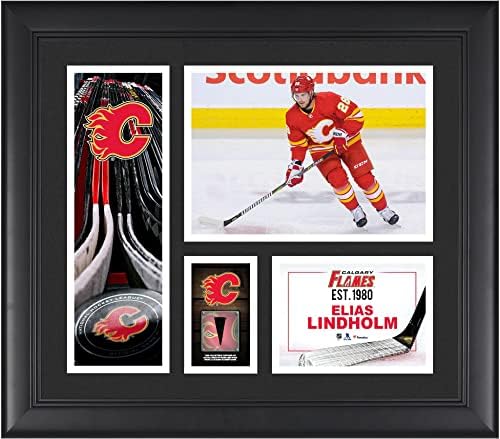 Elias Lindholm Calgary Flames Keretes 15 x 17 Játékos Kollázs egy Darab Játék-Puck - NHL Játék Használt Korong Kollázsok