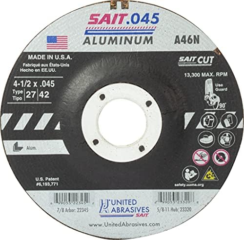 Egyesült Csiszolóanyagok SAIT 22345 4-1/2x.045x7/8 A46N Alumínium Agresszív Cut-off Kerekek, 50 csomag