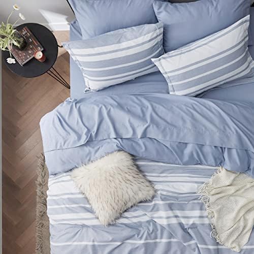 Bedsure Ágy, egy Zsák California King Size 7 Db, Kék Fehér Csíkos Ágynemű Paplan Szettek Minden Szezonban Bed Set, 2 Párna