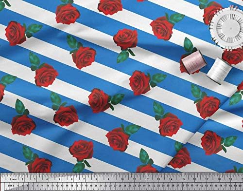 Soimoi Kék Pamut Jersey Anyagból Csík,Levelek, & Rózsa, Virágos Nyomtatott Kézműves Szövet által Az Udvaron 58 cm Széles