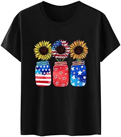 Laza Fit Felső Tshirt Női Rövid Ujjú Pamut Sleeve Amerikai Zászló Napraforgó Virág Nyaralás Alkalmi Blúz BZ