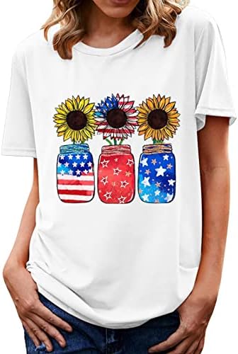 Laza Fit Felső Tshirt Női Rövid Ujjú Pamut Sleeve Amerikai Zászló Napraforgó Virág Nyaralás Alkalmi Blúz BZ