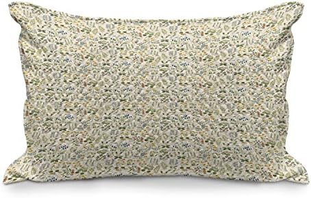 Ambesonne Természet Steppelt Pillowcover, Ismétlődő Minta a Pasztell Tónusú Botanikus Növényi Elemek, Standard King Size