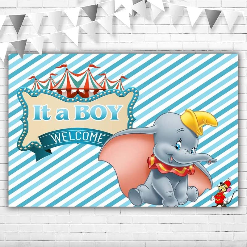 HASONLÓ Dumbo Hátteret Baba Zuhany 5x3ft Kék Háttér Fiú Elefánt Háttér Vinil Cirkuszi Sátor Dumbo Téma Üdv Baba Banner a