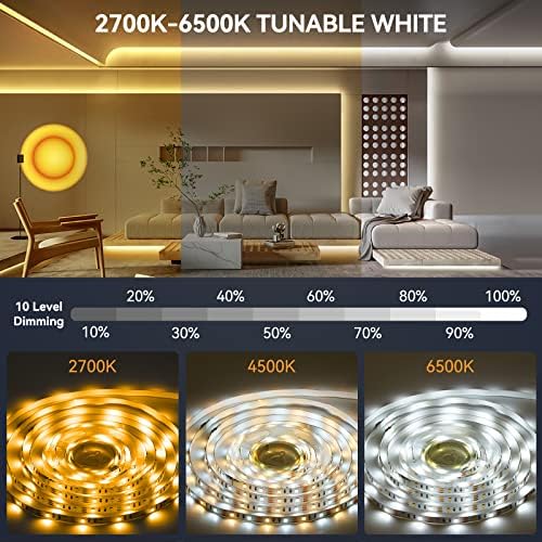 Fehér LED Szalag Világítás 2700K-6500K, 8 Elővágott 1.64 Ft/13Ft Hangolható Fehér LED Szalag Távoli & Alkalmazás, Vezérlés,