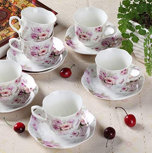 GuangYang Kínai teáscsésze, valamint Csészealjak Készlet 6-7ounce/200ml - Tea Ajándék Szett Felnőttek - Lila Virágos Porcelán