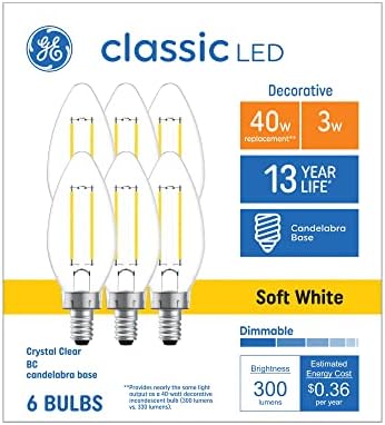 GE Klasszikus 40 Wattos EQ B10 Puha, Fehér Gyertyatartót Alap (e-12) Szabályozható LED Gyertya Izzó (6-Pack)