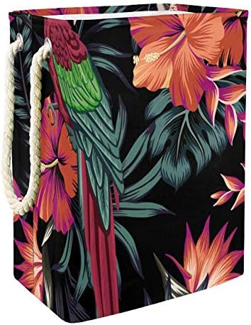 Inhomer Trópusi Vintage Ara Papagáj Hibiszkusz Strelitzia Virág Pálma Levelek, Virágos 300D Oxford PVC, Vízálló Szennyestartót