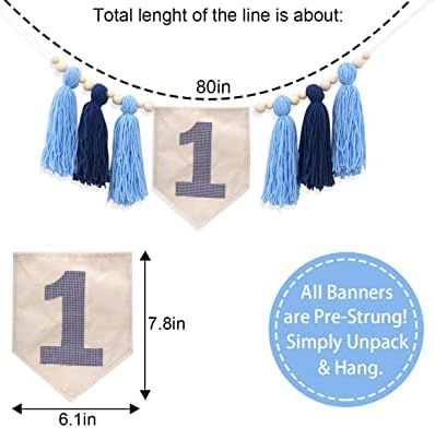 Kék 1 éves etetőszék banner - Bohém 1. szülinapi dekoráció a fiúk, Tassel, valamint vászon sármány, Fiú Torta smash Garland