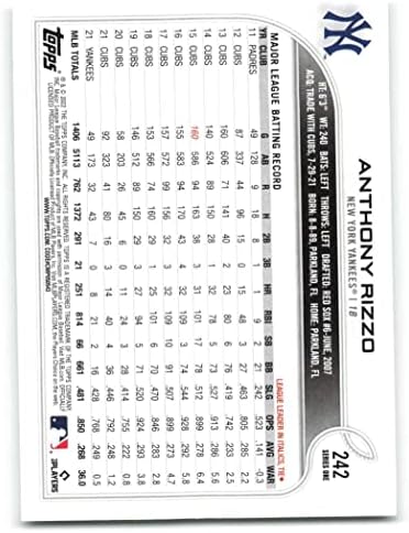 2022 Topps 242 Anthony Rizzo New York Yankees Hivatalos MLB Baseball Trading Card Nyers (NM vagy Jobb) Feltétel