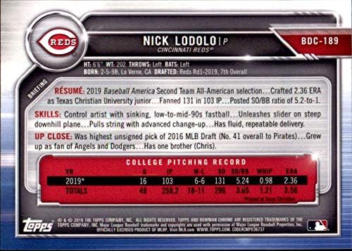 2019 Bowman Chrome-Tervezet BDC-189 Nick Lodolo RC Újonc Cincinnati Reds MLB Baseball Trading Card