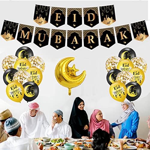 Eid Mubarak Parti Dekoráció Fekete-Arany Eid Mubarak Banner Plus Eid Mubarak Lufik a Eid Mubarak Party Kellékek Otthon Dekoráció