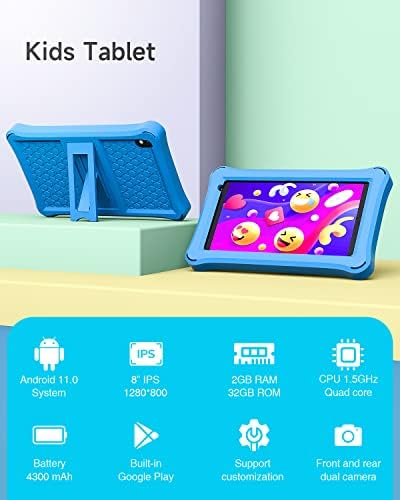 Tablet Gyerekeknek, 8 hüvelykes Tablet a Gyerekek 2 GB RAM, 32 GB ROM Android 11 Tabletta IPS érintőképernyő, 1280x800, Iwawa